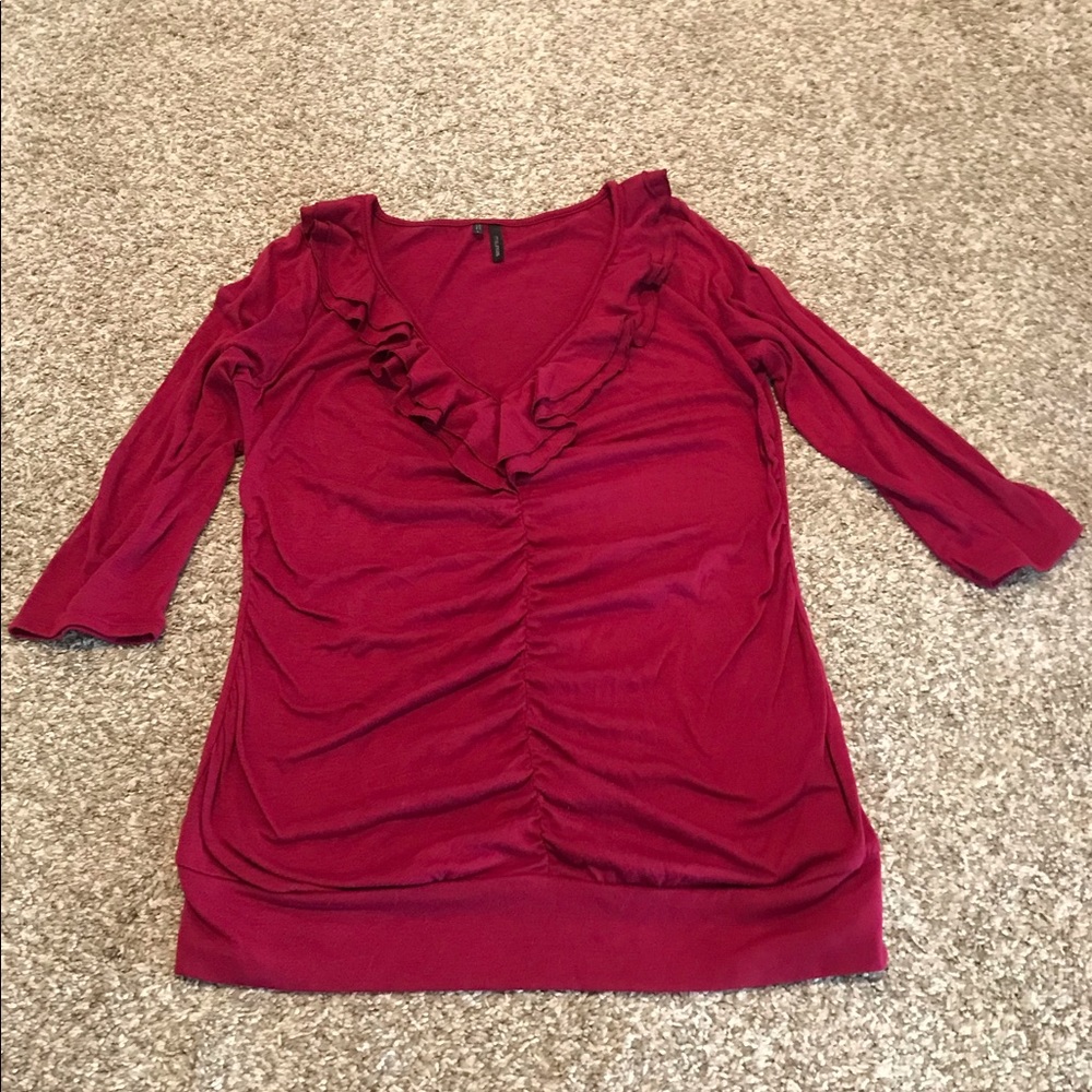 Maurices 3/4 Sleeve Ruffled V-Neck Maroon Blouse